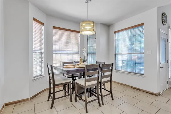 a view of a dining room with furniture window and outside view