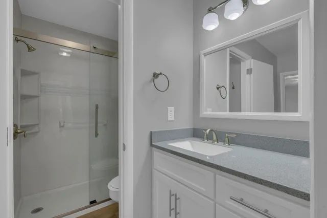 a bathroom with a shower and a toilet