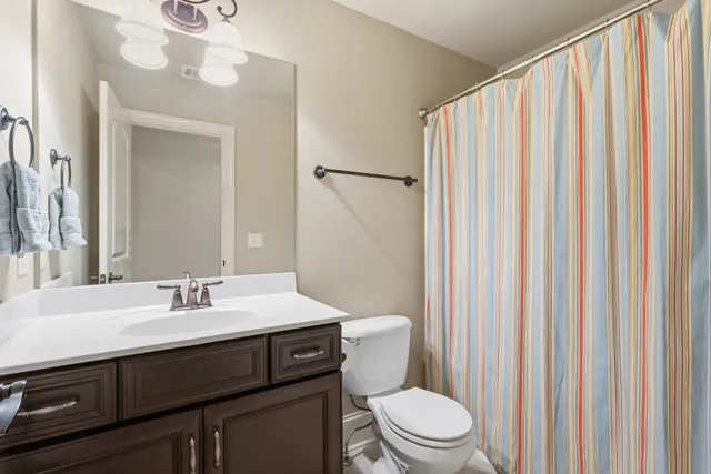 a bathroom with a sink a toilet a mirror and shower curtain