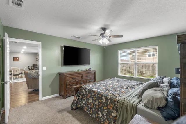 a bedroom with a bed and a flat screen tv