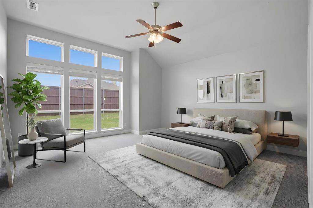 2217 Riviera Drive Little Elm, TX 75068 - Photo 14 of 36 Bedroom featuring a vaulted ceiling and a ceiling fan