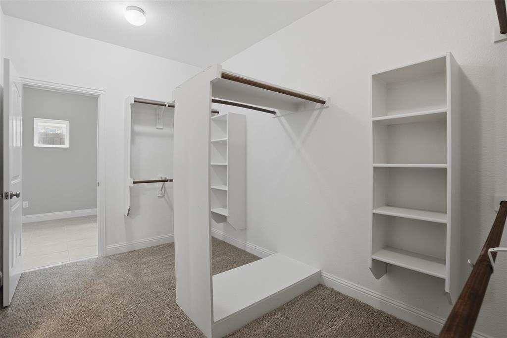 2217 Riviera Drive Little Elm, TX 75068 - Photo 17 of 36 Walk-in closet featuring carpet flooring, white shelving units, and multiple clothing rods