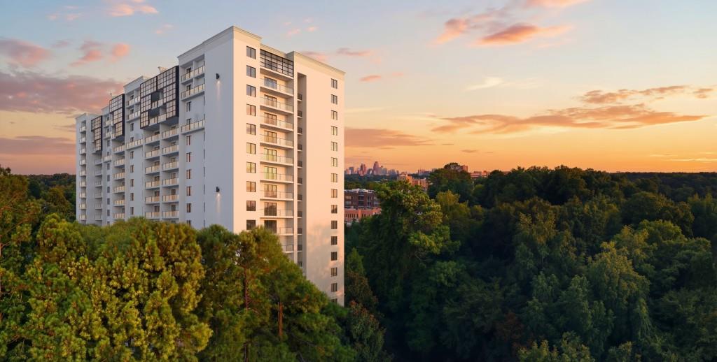 a view of a building with a garden