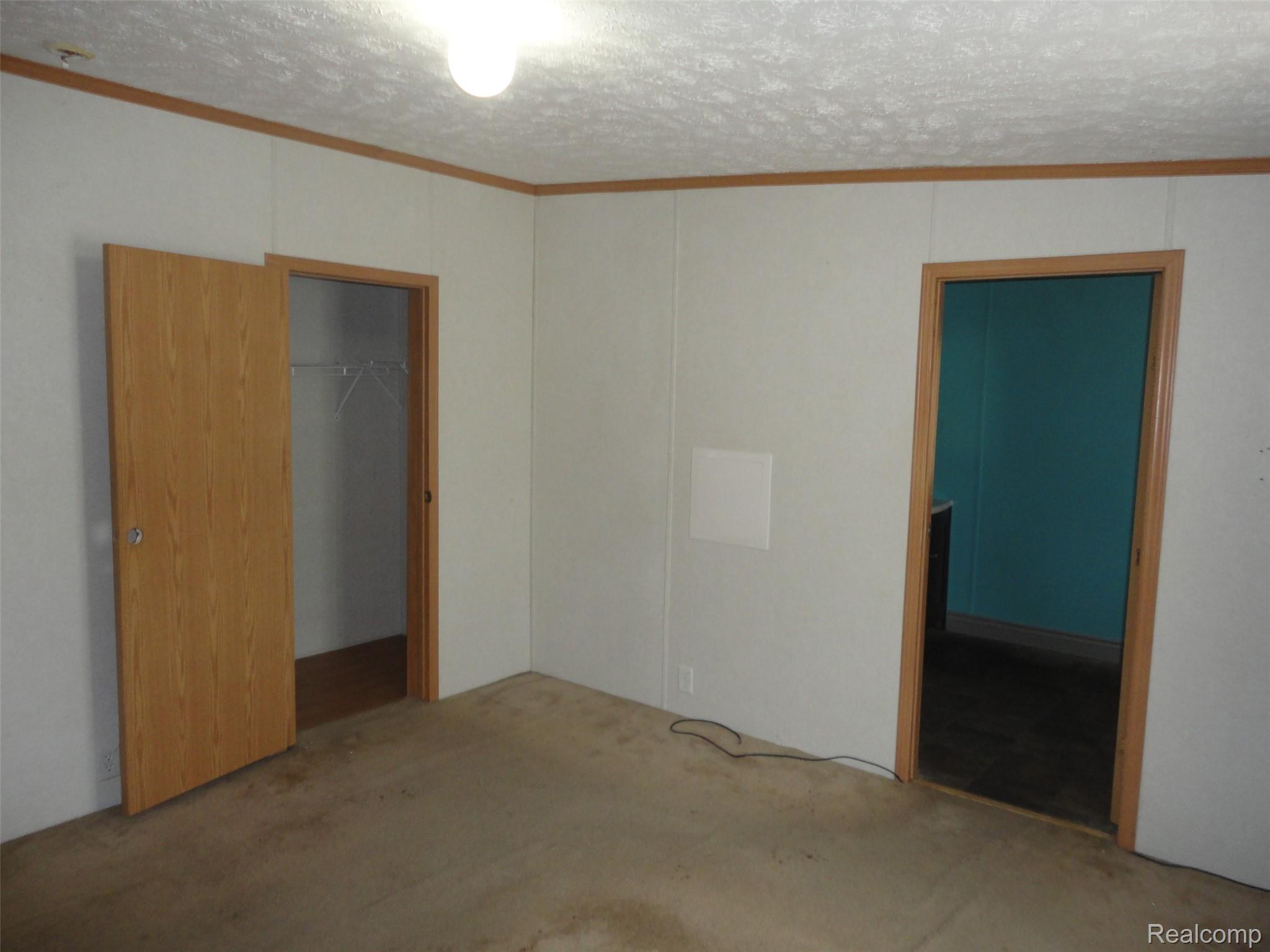 3954 Ryans Ridge Monroe, MI 48161 - Photo 14 of 28 Bedroom 1 featuring light-colored panel walls with wood trim, ceiling light fixture, and two wood-finish doors