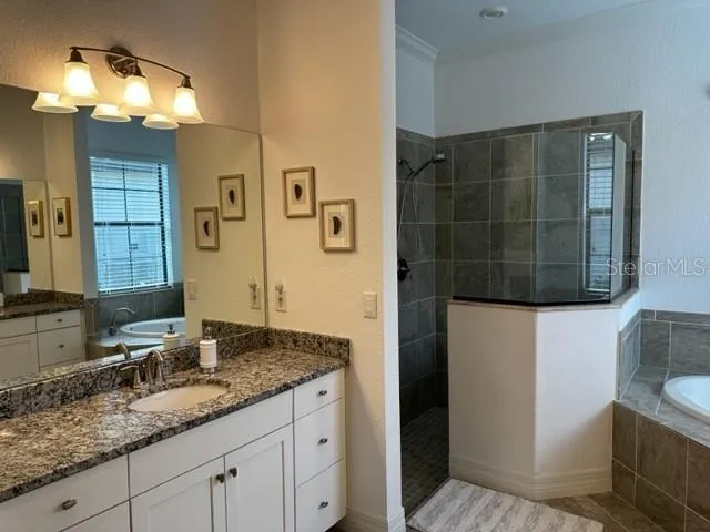 a bathroom with a granite countertop sink a mirror and shower