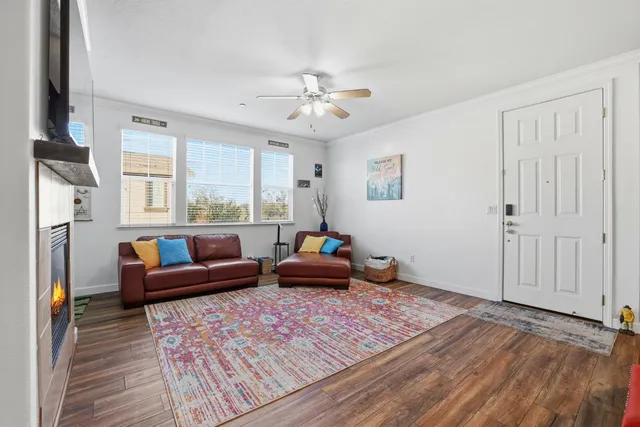 a living room with furniture and a rug