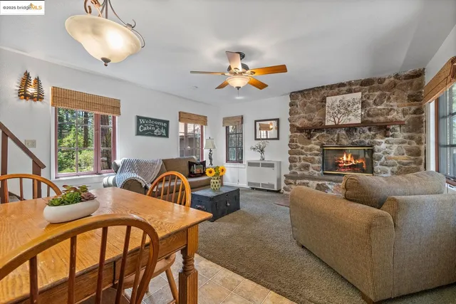 a living room with furniture a fireplace and a large window