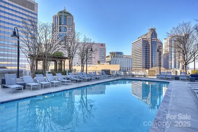 a view of a swimming pool with outdoor seating and plants