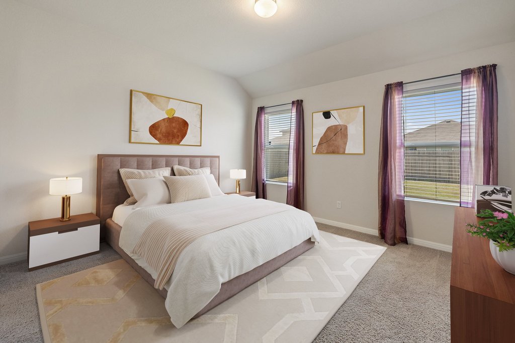 105 Cupa Monti Road Hutto, TX 78634 - Photo 12 of 28 Spacious carpeted bedroom featuring two large windows with blinds, a vaulted ceiling, and recessed lighting