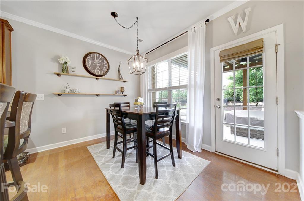 823 Solandra Way Tega Cay, SC 29708 - Photo 17 of 43 a view of a dining room and livingroom with furniture a rug a fireplace and a chandelier