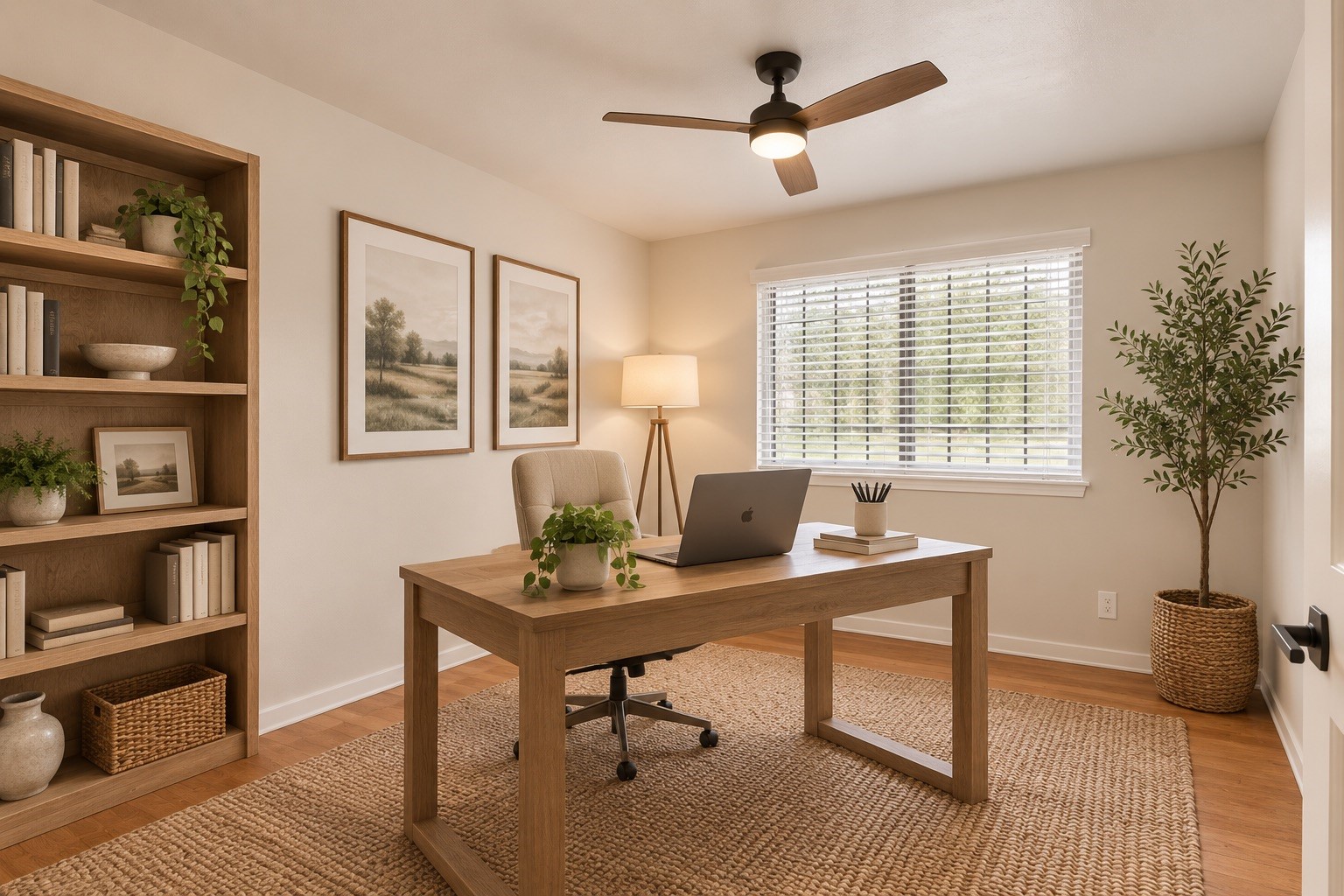 5810 Langley Road Houston, TX 77016 - Photo 12 of 20 This concept turns the extra room into a refined office or flex space with built-ins, warm styling, and a more intentional layout. A small room becomes a useful lifestyle feature. Virtually staged.