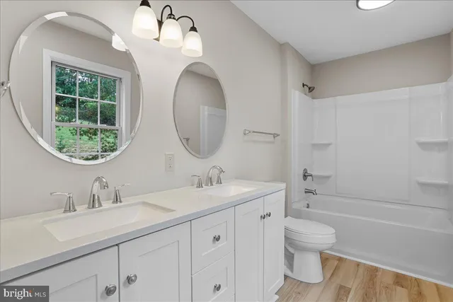 a bathroom with a toilet a sink a mirror and vanity