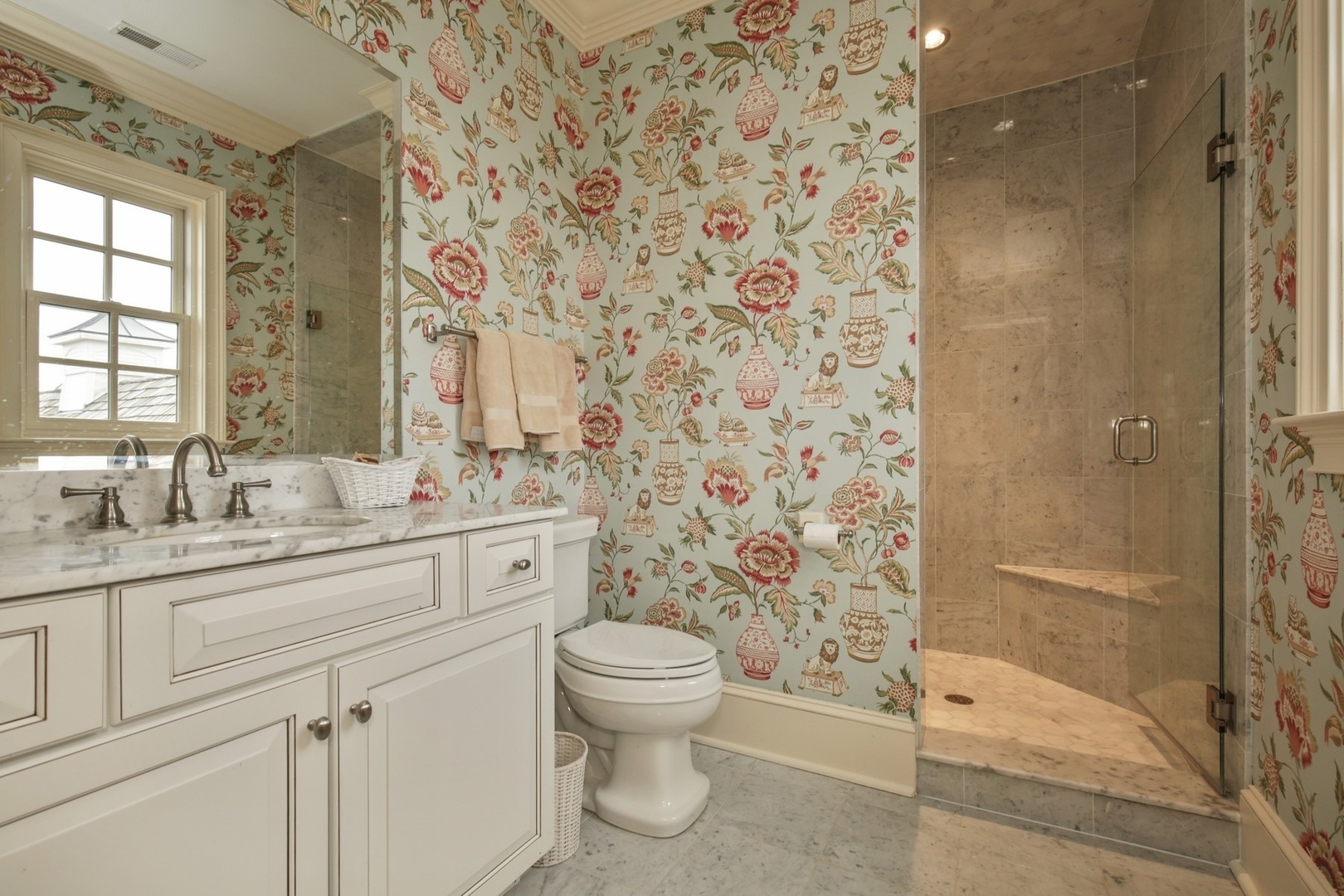 9N655 Kendall Road Elgin, IL 60124 - Photo 18 of 43 a bathroom with a granite countertop sink a toilet and shower