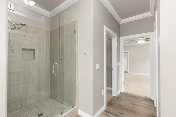 an empty room with a bathroom