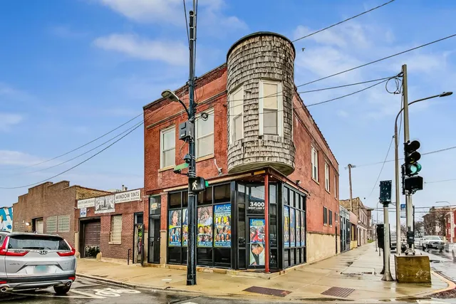 a front view of a building with street