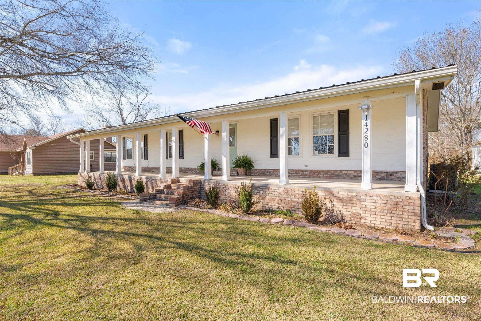 14280 Cat Deakle Road Grand Bay, AL 36541 - Photo 36 of 51 Ranch-style house with metal roof, a porch, and a front yard