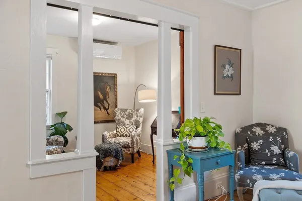 a living room with furniture and a potted plant