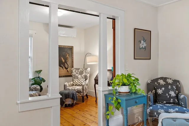 a living room with furniture and a potted plant