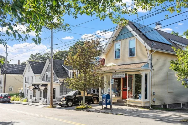 a front view of a building with street