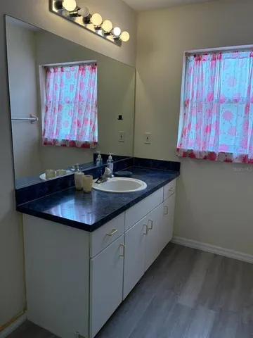 a bathroom with a sink and a mirror