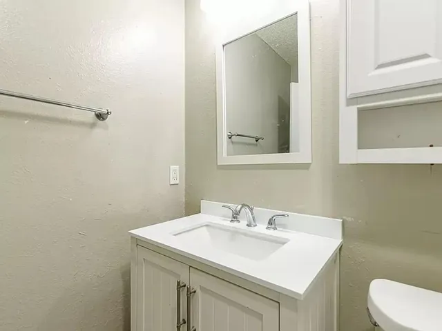 a bathroom with a sink toilet and mirror