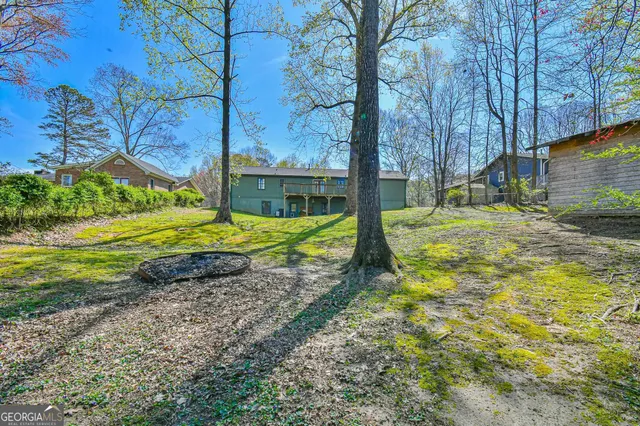 a view of a park with large trees