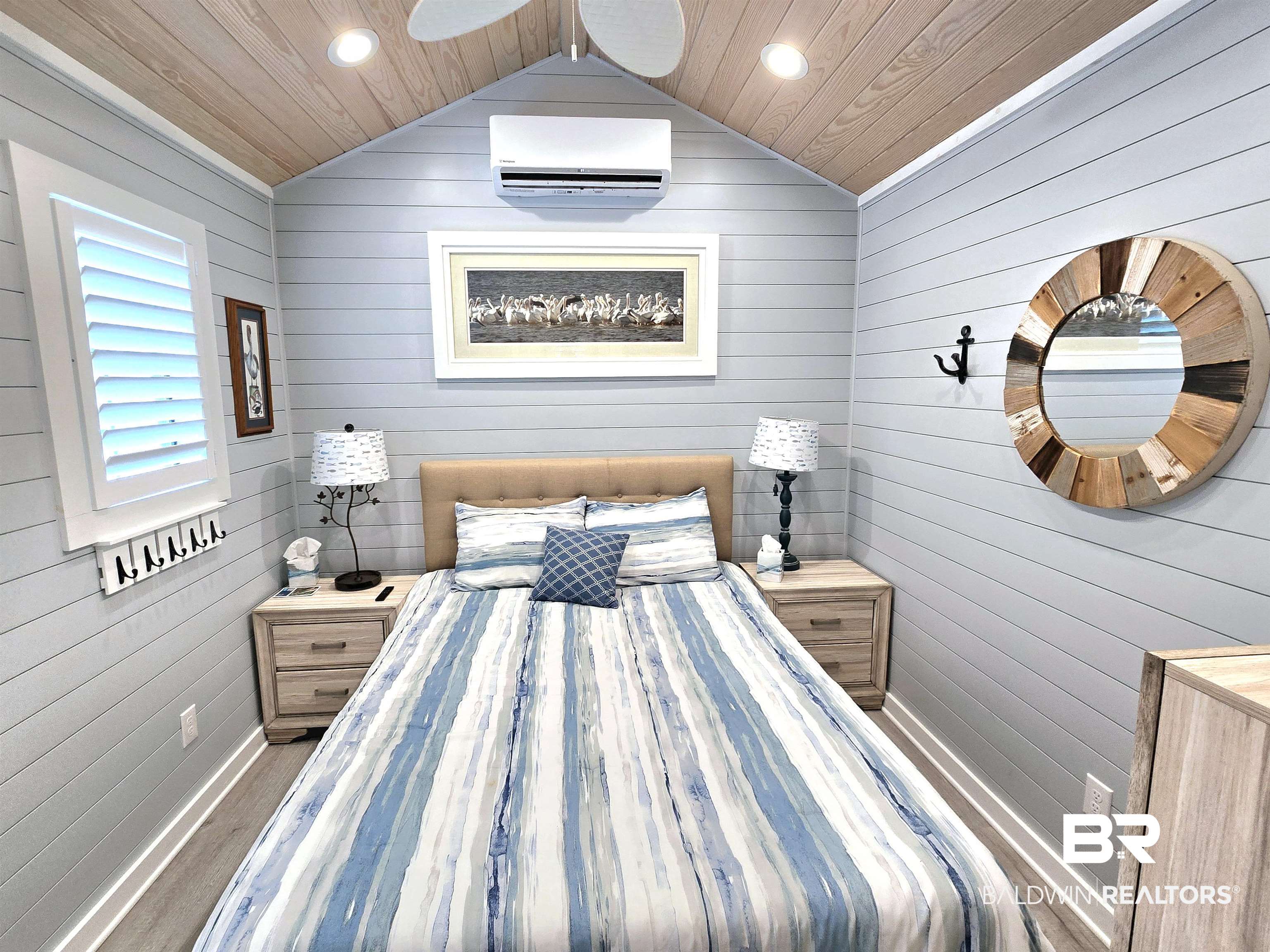 4650 Griffith Marina Road, Unit 6 Orange Beach, AL 36561 - Photo 10 of 27 Bedroom featuring lofted ceiling, a wall unit AC, wood ceiling, and recessed lighting