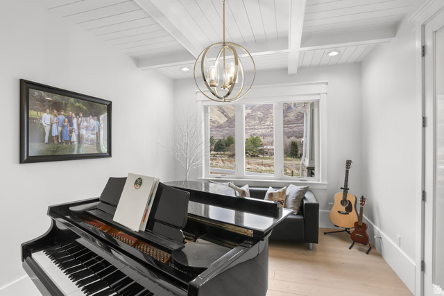 1354 South 800 East Mapleton, UT 84664 - Photo 12 of 129 living room with light wood-type flooring, hanging lights, and a wood ceiling with exposed beams