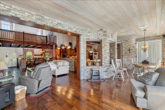 a view of a park with large trees