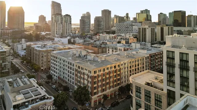 a city view with tall buildings