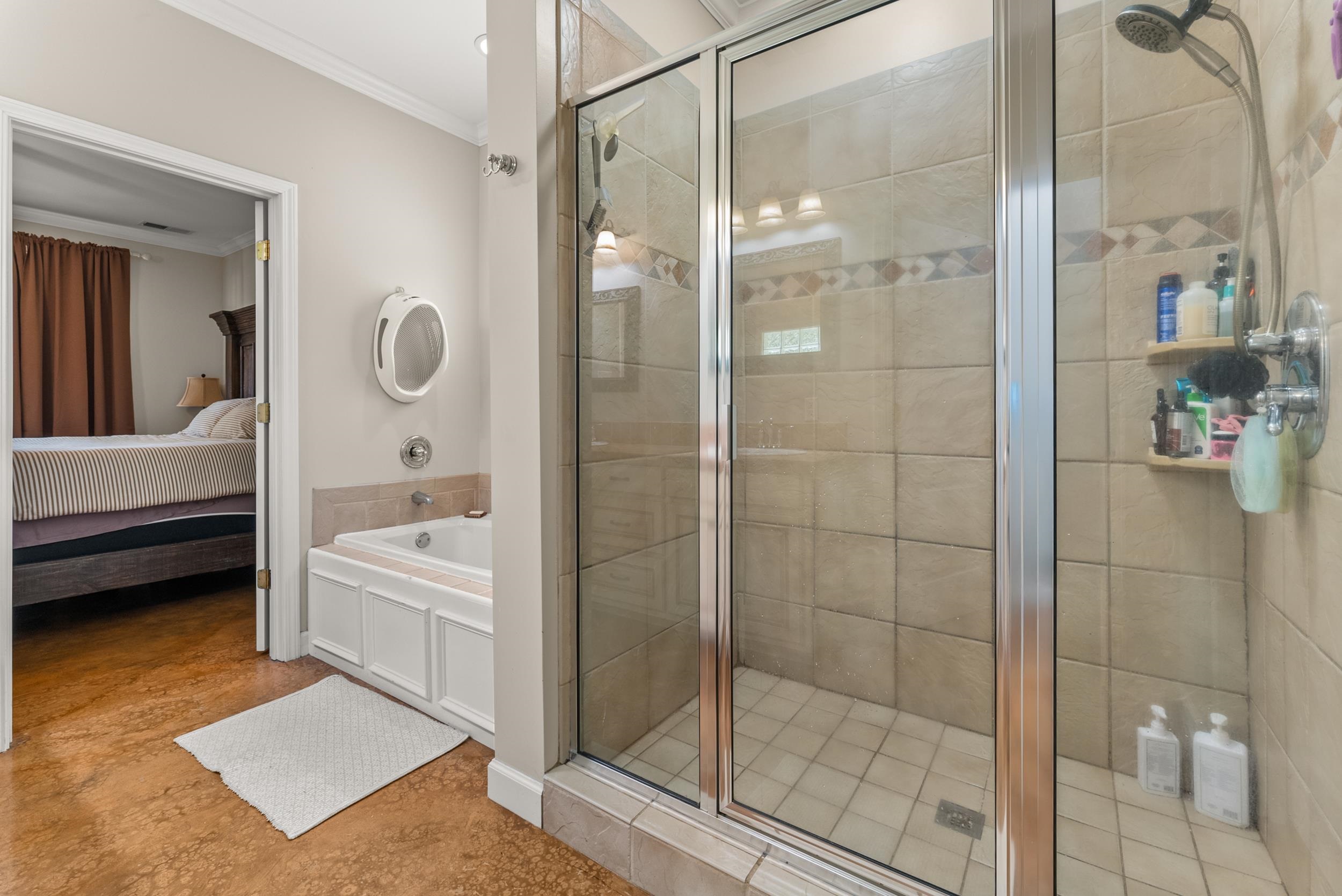 6415 Lagrange Road Somerville, TN 38068 - Photo 26 of 32 Ensuite bathroom with crown molding, a stall shower, and a garden tub