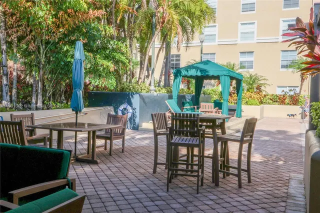 a view of a backyard with plants and patio