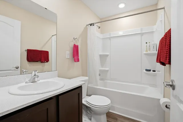 a bathroom with a sink a toilet and shower curtain