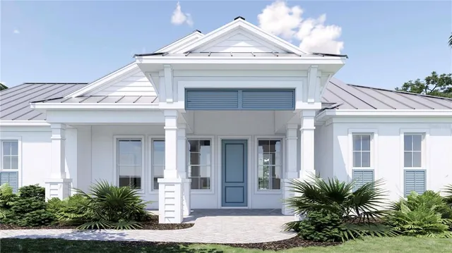 a view of a house with potted plants and a fountain