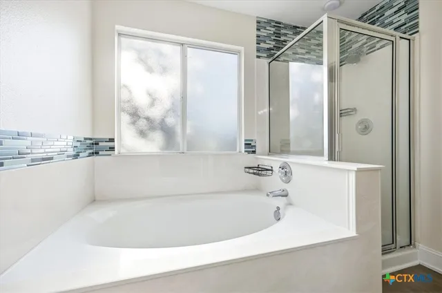 a bathroom with a bathtub and a shower