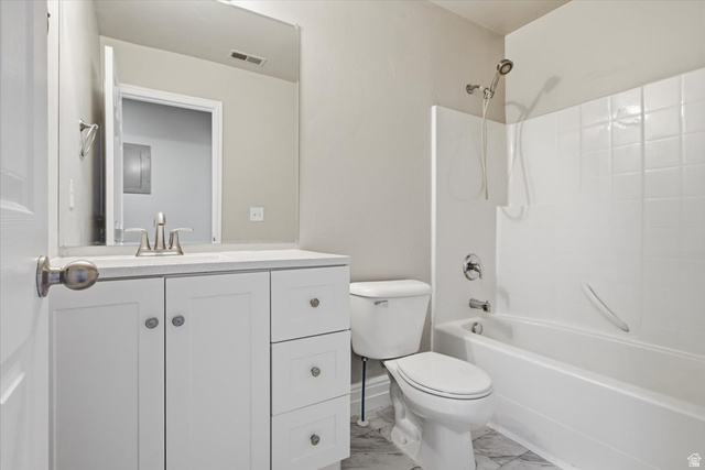 4496 West 11800 South South Jordan, UT 84009 - Photo 23 of 33 Bathroom with vanity, bathing tub / shower combination, and light marble finish floors