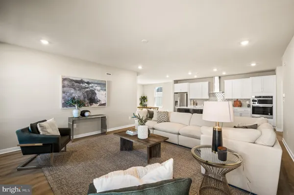 a living room with furniture or kitchen view and a potted plant