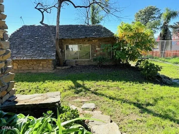 a view of a park with large trees