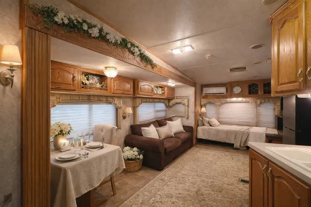 a living room with a couch and a chandelier