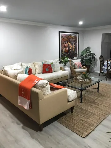 a living room with furniture and a potted plant