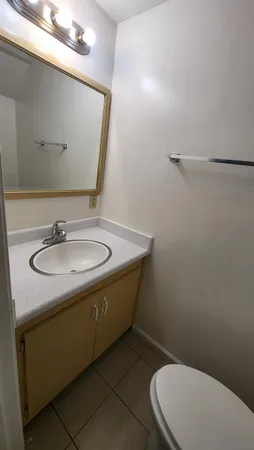 a bathroom with a sink a toilet and mirror
