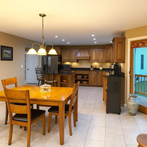 a kitchen with stainless steel appliances kitchen island granite countertop a table chairs and a refrigerator