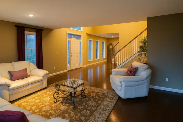 a living room with furniture and a rug