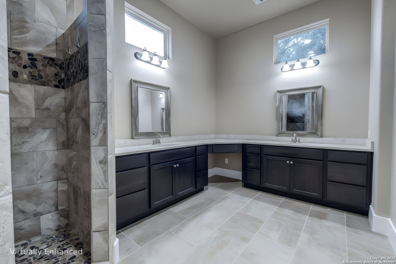 629 Windmill Ranch Road Spring Branch, TX 78070 - Photo 19 of 34 a spacious bathroom with a granite countertop sink a mirror and a