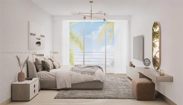 a bedroom with a balcony a bed and a large window with outer view