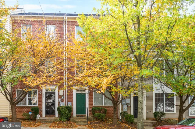 a front view of a building with a tree