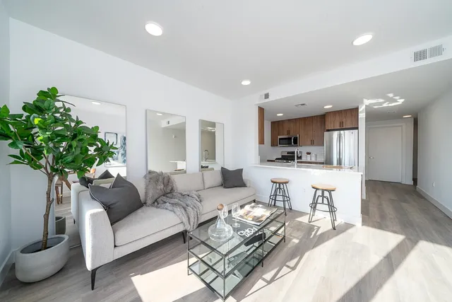 a living room with furniture and a dining table with kitchen view