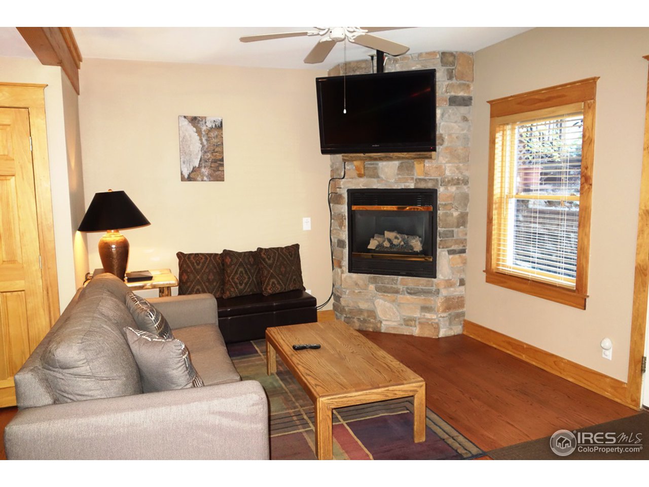 2625 Marys Lake Road, Unit 101 Estes Park, CO 80517 - Photo 2 of 25 a living room with furniture a flat screen tv and a fireplace