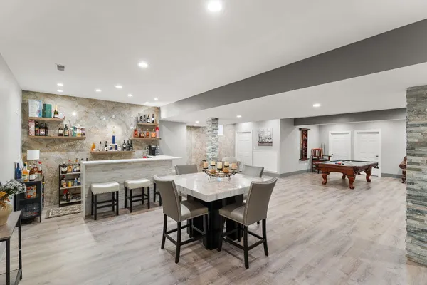 a dining room with furniture