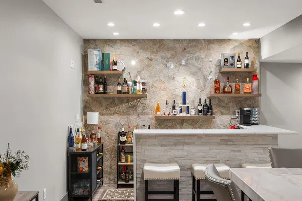 a view of a dining room with furniture